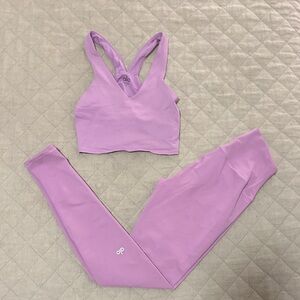 Alo Yoga Lilac/Bubble Gum Pink V-Neck Sports Bra and Legging Set